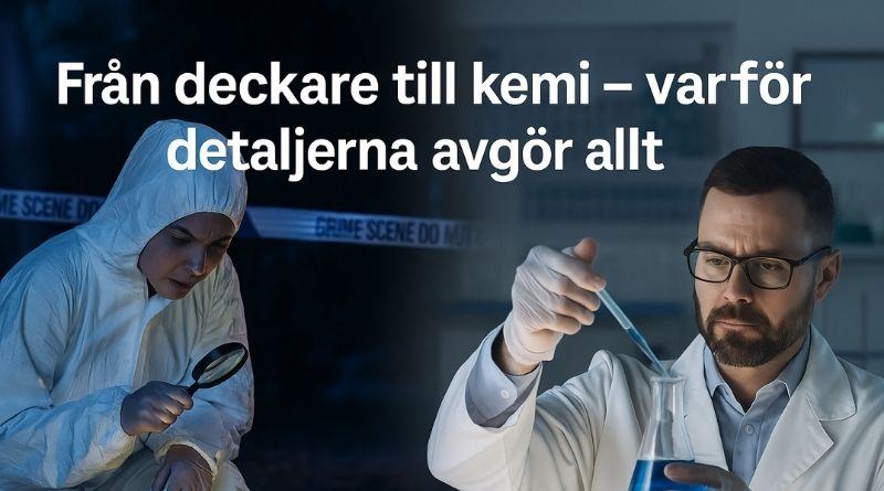 En kriminaltekniker och kemiexpert symboliserar precision, analys och noggrannhet – teman som förenar kriminaldrama och Kemiexperten.se.
