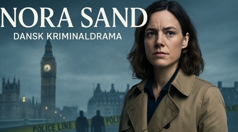 Nora Sand, dansk journalist i kriminaldrama på TV4 Play, står framför ett dimmigt London-landskap med spår av ett olöst brott.
